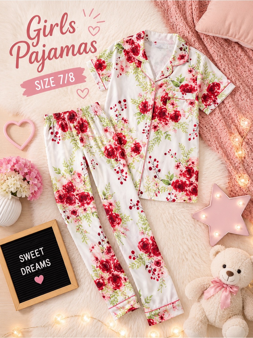Floral Girls Pajama Set - White with Red Roses